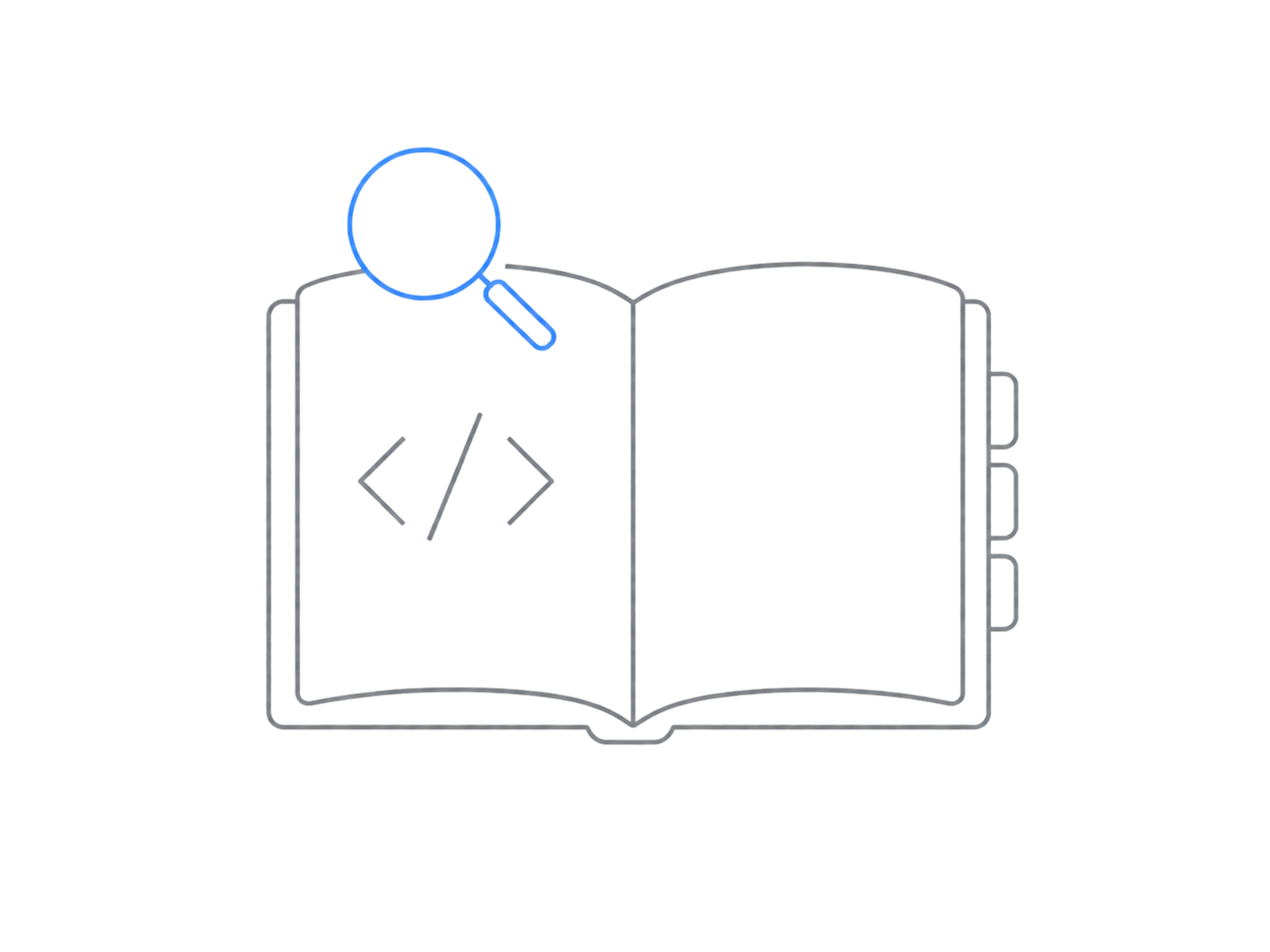An open documentation book with code brackets, section tabs, and a search magnifier
